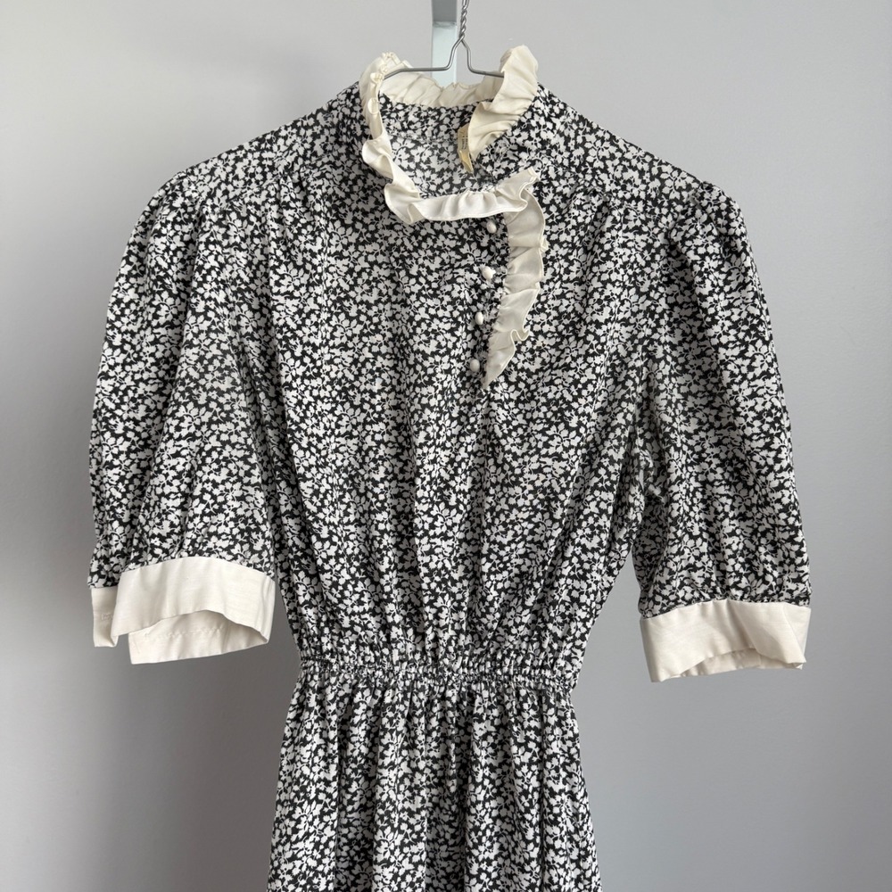 Cottage Cotton Prairie Ruffle Floral Midi Dress S Black - Picture 2 of 8